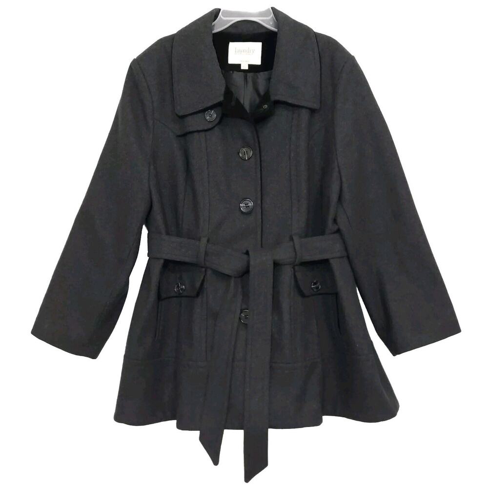 Laundry by Shelli Segal Dark Gray Trench Pea Coat Wool Blend Sz 24W 3XL  Belted